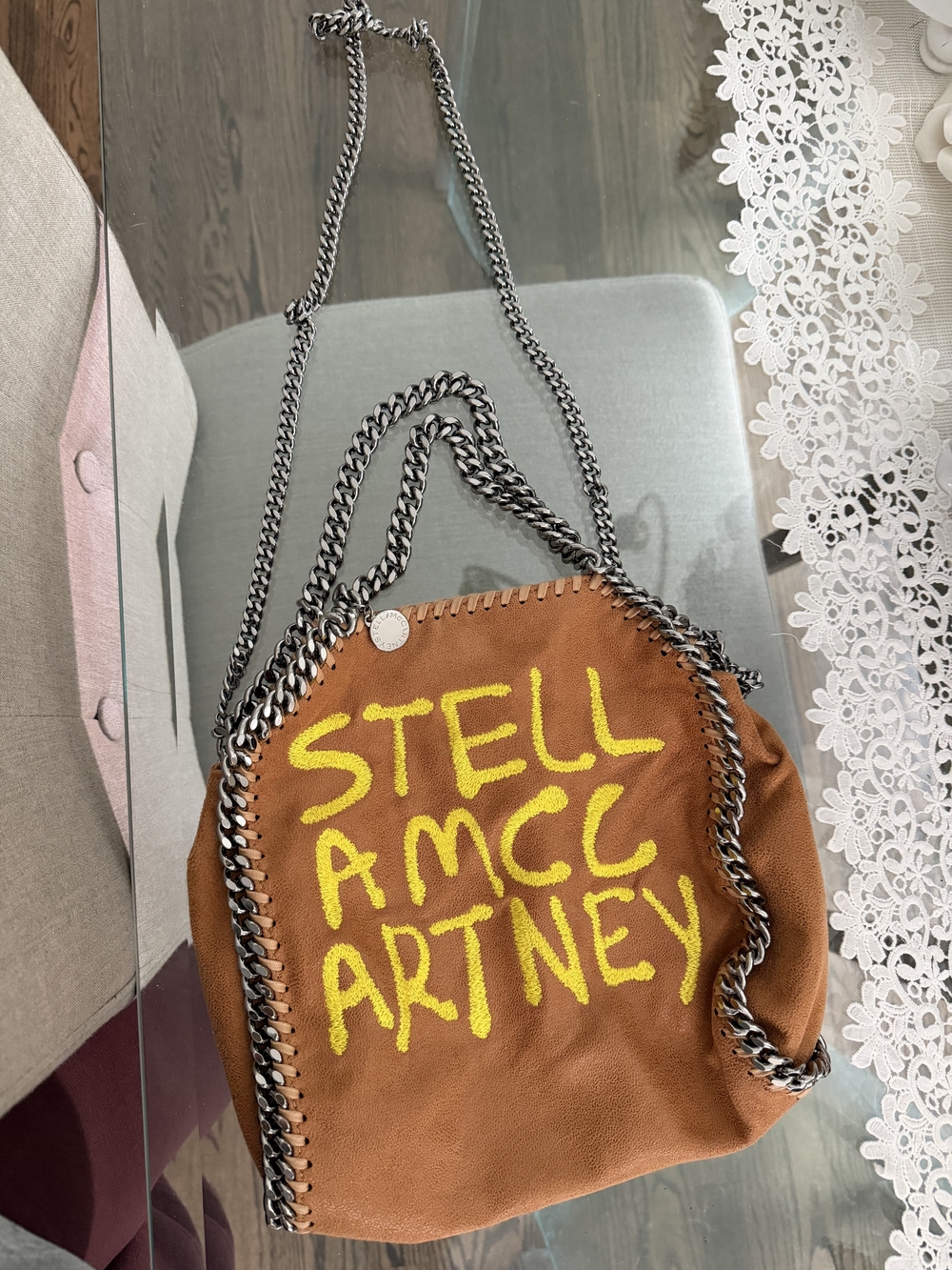 Stella McCartney Brown Suede Falabella Shoulder Bag with Yellow Script